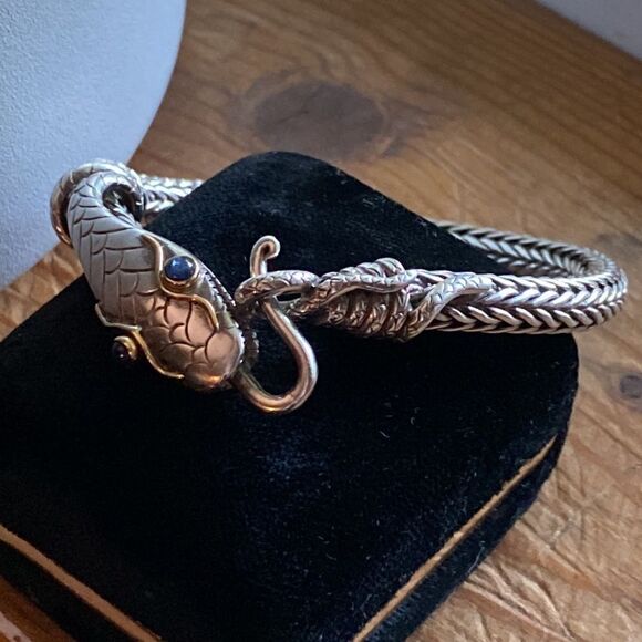 Jewelry - 💛 18k Yellow Gold & 925 Handcrafted Snake With Cabochon Sapphire Eyes Bracelet